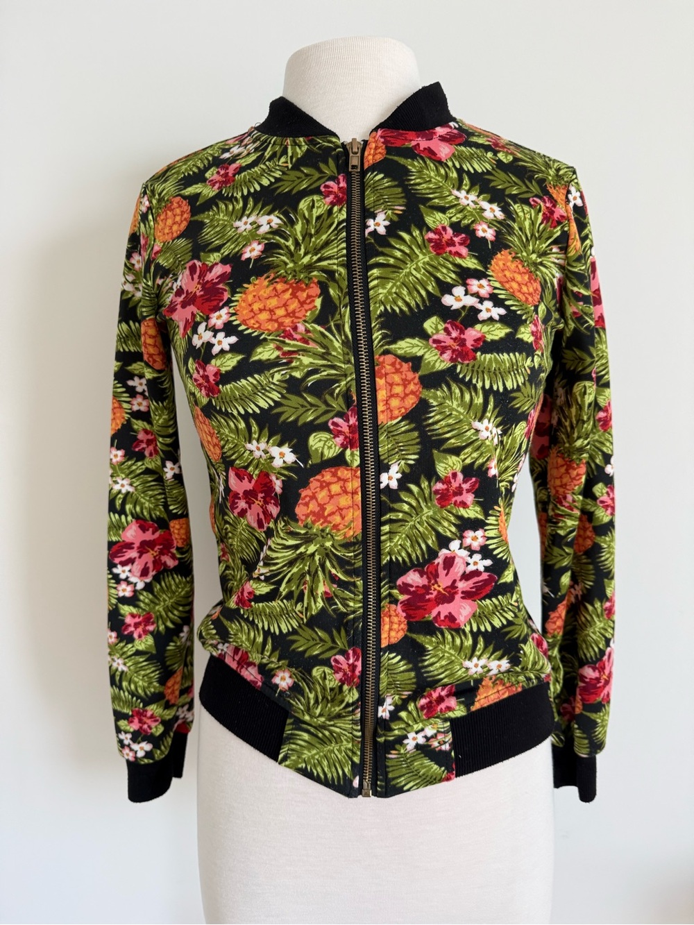 1st Kiss Black Tropical Floral Bomber Jacket with Green & Pink